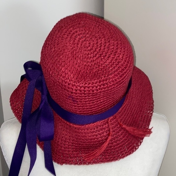 Red Hat Society Casual Straw Hat Purple Ribbon Summer Floppy Relaxed Bohemian - Picture 8 of 13